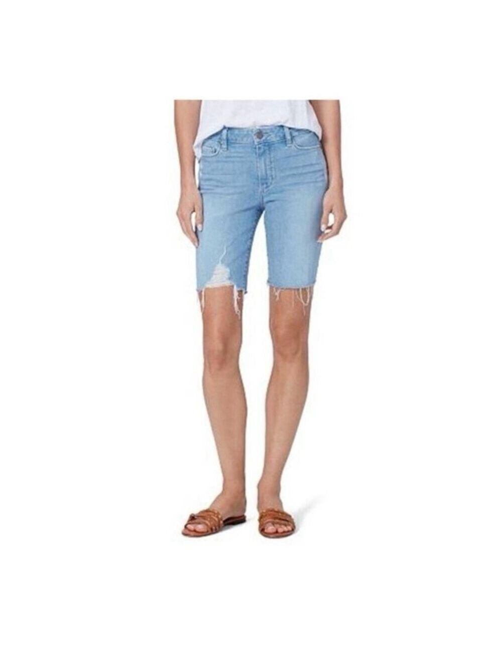 PAIGE Jax Knee Light Blue Distressed Denim Bermuda Shorts Size 28